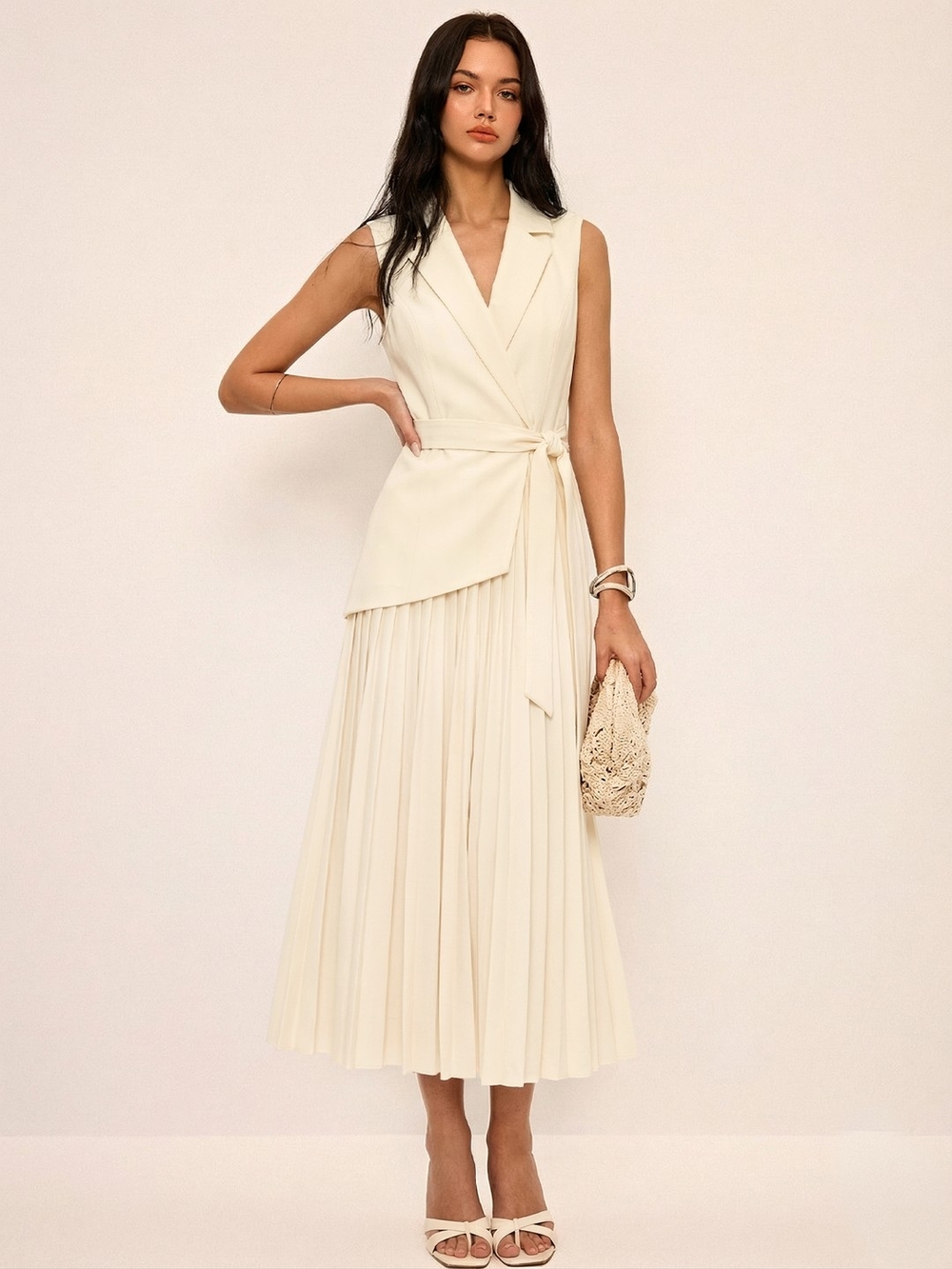 Sleeveless Cream Wrap Pleated Midi Dress Commense